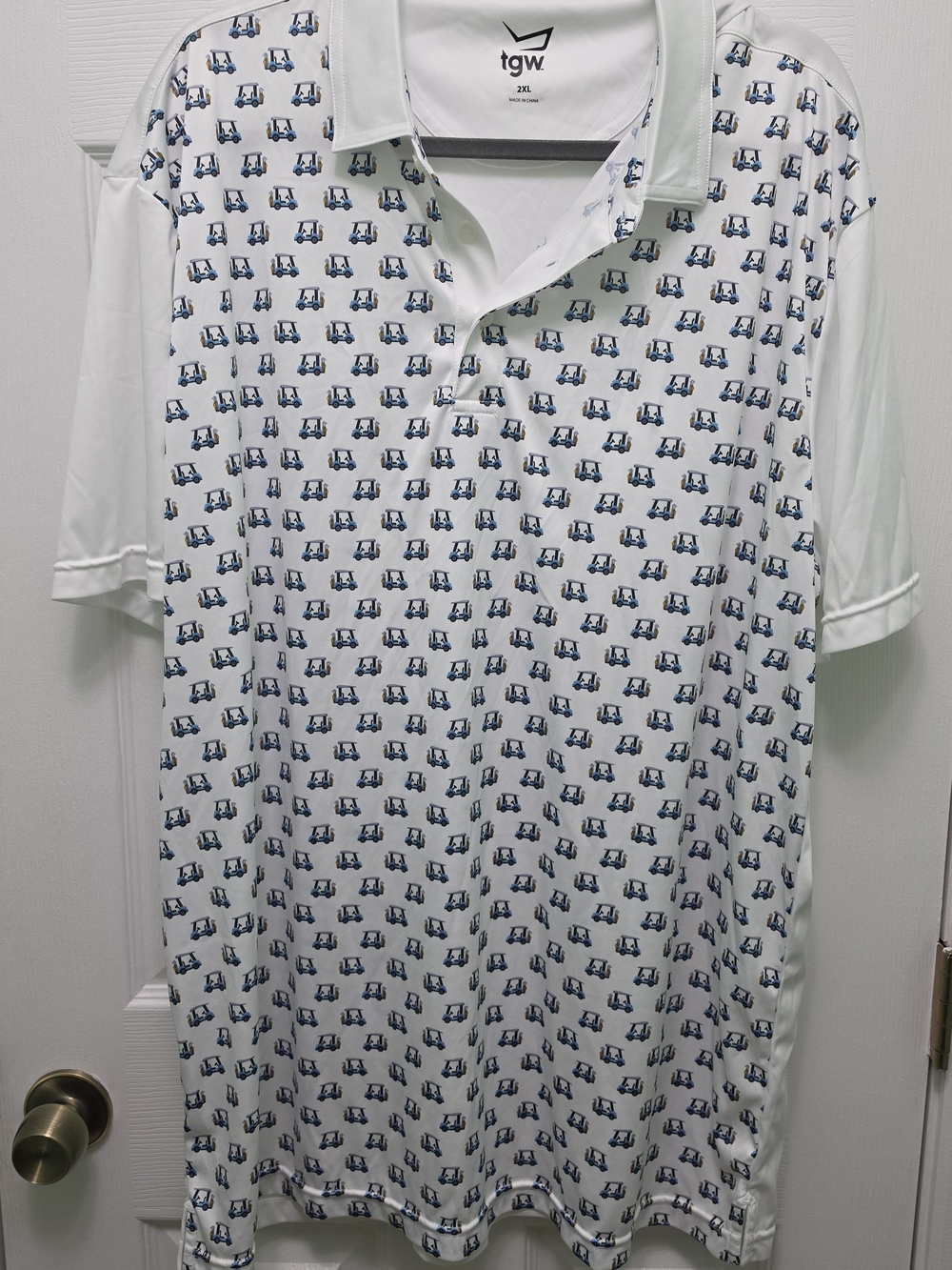 TGW Golf Polo Shirt 2XL Mens White Blue All Over Golf Cart Print Short Sleeve